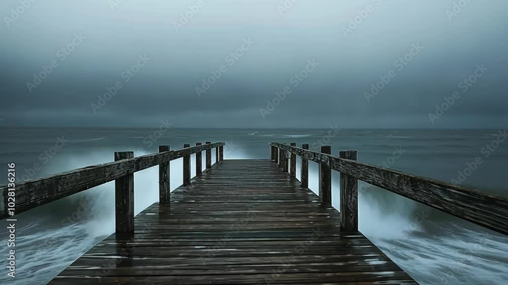 A wooden pier stretches out into the stormy ocean A wooden pier stretches out into the stormy ocean
