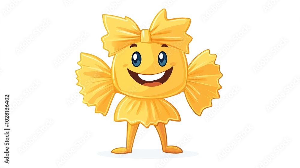 Fototapeta premium Smiling pasta mascot with cheerful facial expression, featuring a playful and friendly design. Cartoonish character with a vibrant personality, ideal for food-related branding,