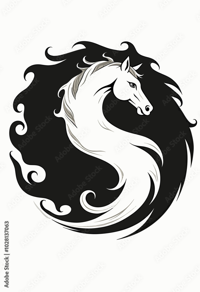 Fototapeta premium Dynamic Yin-Yang Horses: Striking Black and White Circular Design - Perfect Flat Vector Illustration for Home Deco
