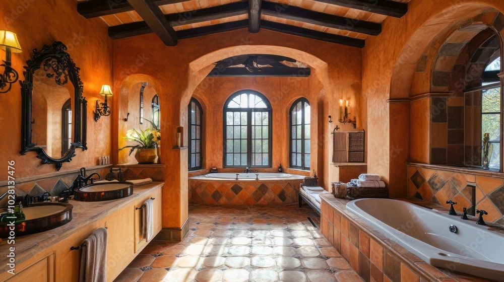 Mediterranean-style luxury bathroom, featuring warm terracotta tiles, rustic wooden beams, and elegant archways, evoking the charm of Mediterranean villas with a luxurious touch. Mediterranean-style luxury bathroom, featuring warm terracotta tiles, rustic wooden beams, and elegant archways, evoking the charm of Mediterranean villas with a luxurious touch.