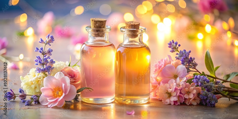 Floral Essence Fragrant Oils in Glass Bottles Surrounded by Delicate Blossoms and Soft Lighting Floral Essence Fragrant Oils in Glass Bottles Surrounded by Delicate Blossoms and Soft Lighting
