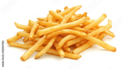 Golden crispy French fries served in a basket on a white background, top view, perfect for fast food, snack, and restaurant promotion, delicious comfort food.