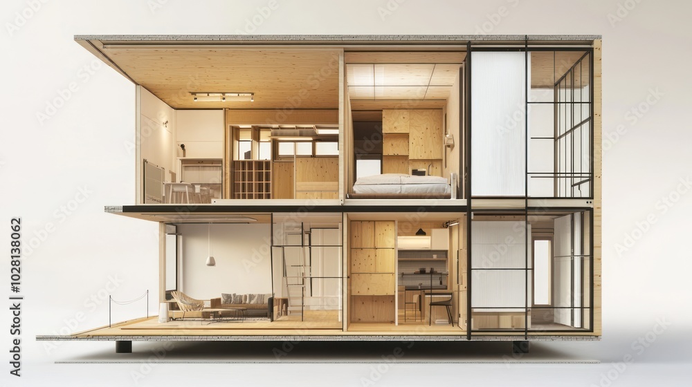 Modular family home design, depicting a home built with prefabricated, modular sections that offer flexibility, customization, and sustainability in family home design. Modular family home design, depicting a home built with prefabricated, modular sections that offer flexibility, customization, and sustainability in family home design.