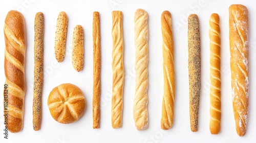 Freshly baked crispy bread sticks isolated on white background, top view, perfect for bakery or food product advertising, delicious snack concept.