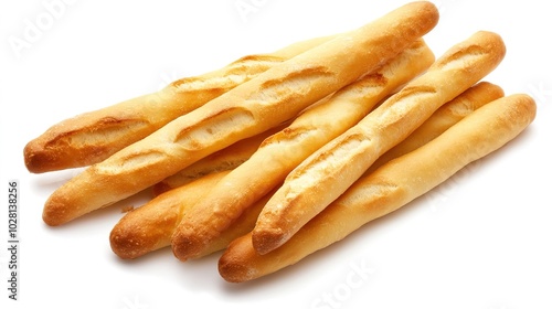 Freshly baked crispy bread sticks isolated on white background, top view, perfect for bakery or food product advertising, delicious snack concept.