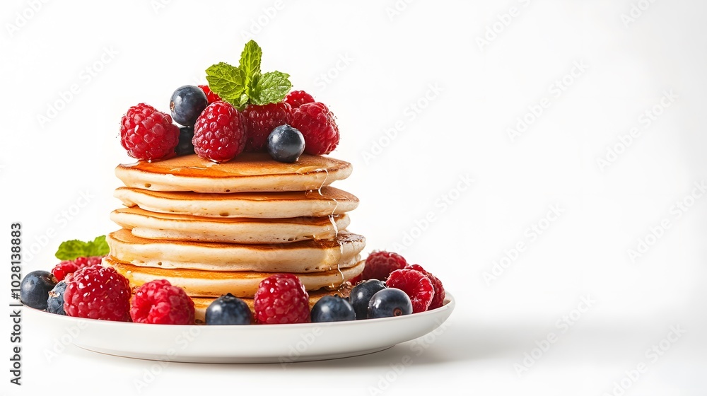 Pancakes stack with different berries and honey isolated on white background. Pancakes stack with different berries and honey isolated on white background.