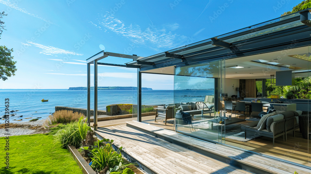 Modern beach house with glass walls offering an expansive ocean view. Outdoor deck and lush greenery complete the scenic setting. Modern beach house with glass walls offering an expansive ocean view. Outdoor deck and lush greenery complete the scenic setting.