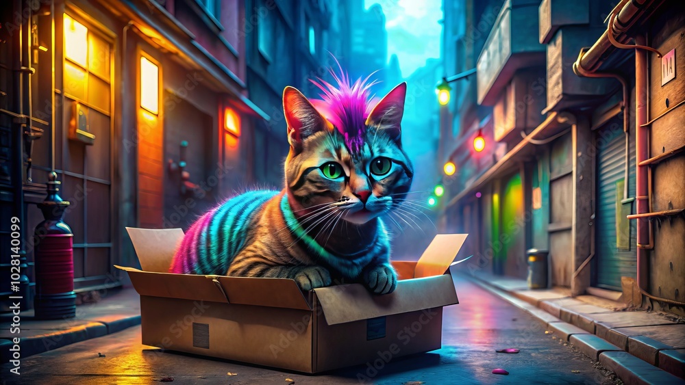 Cyberpunk Cat in a Cardboard Box: A Neon Alleyway Scene with Sunglasses and Mohawk Cyberpunk Cat in a Cardboard Box: A Neon Alleyway Scene with Sunglasses and Mohawk