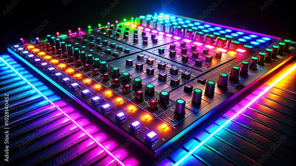 A close-up of an electronic music mixer with a futuristic design featuring bright glowing lights and a plethora of knobs and buttons for precise sound manipulation. A close-up of an electronic music mixer with a futuristic design featuring bright glowing lights and a plethora of knobs and buttons for precise sound manipulation.