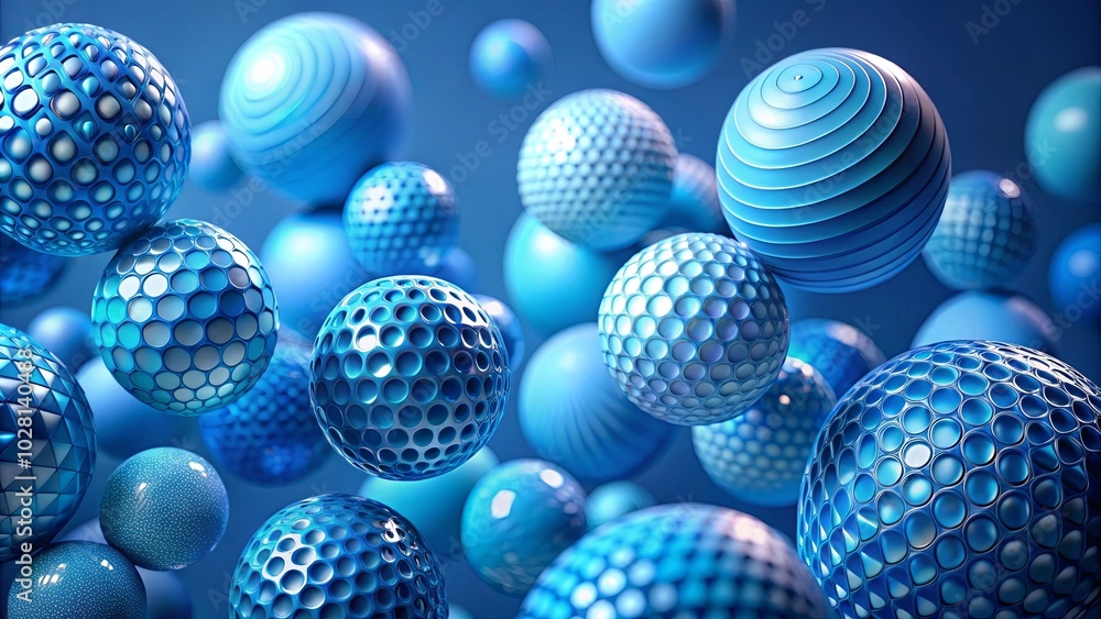 Abstract Blue Spheres in a Floating Pattern, Displaying a Range of Geometric Shapes, Textures, and Reflective Qualities Abstract Blue Spheres in a Floating Pattern, Displaying a Range of Geometric Shapes, Textures, and Reflective Qualities