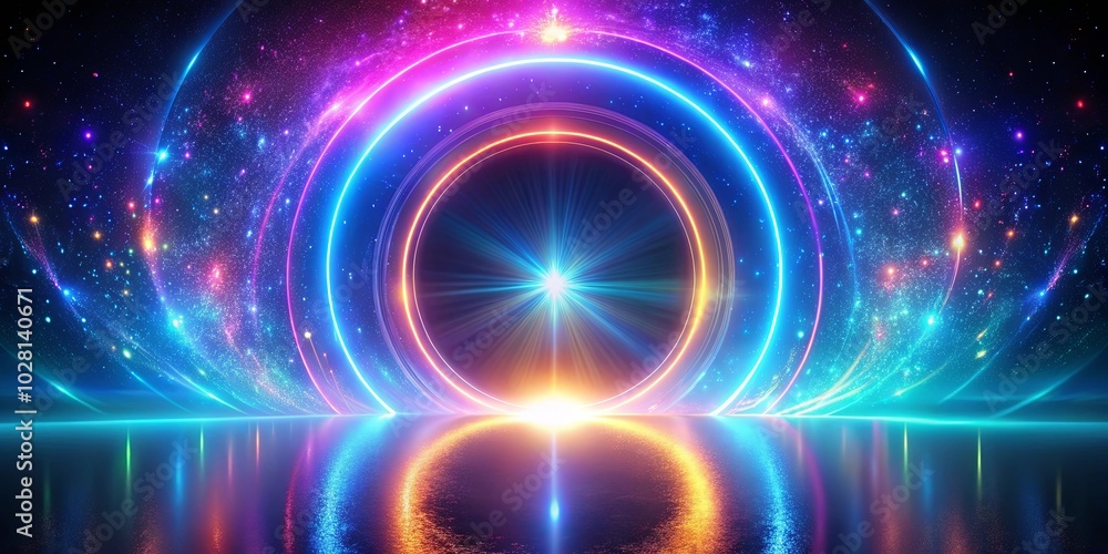 Obraz premium A celestial gateway formed by glowing arcs and a radiant star, reflected in a shimmering surface.