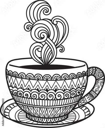 Mandala coffee or tea cup for printing, engraving, coloring and so on. Vector illustration
