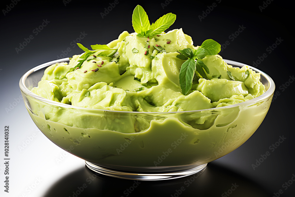 Food Avocado cream in clear glass cup with mint leaves on top black background. Realistic fruit mashed avocado clipart template pattern. Light green paste of mashed avocados and lemon juice. Food Avocado cream in clear glass cup with mint leaves on top black background. Realistic fruit mashed avocado clipart template pattern. Light green paste of mashed avocados and lemon juice.