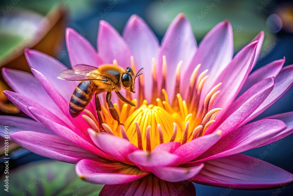 Honey Bee Pollinating Pink Water Lily - Macro Photography of Nature's Beauty Honey Bee Pollinating Pink Water Lily - Macro Photography of Nature's Beauty