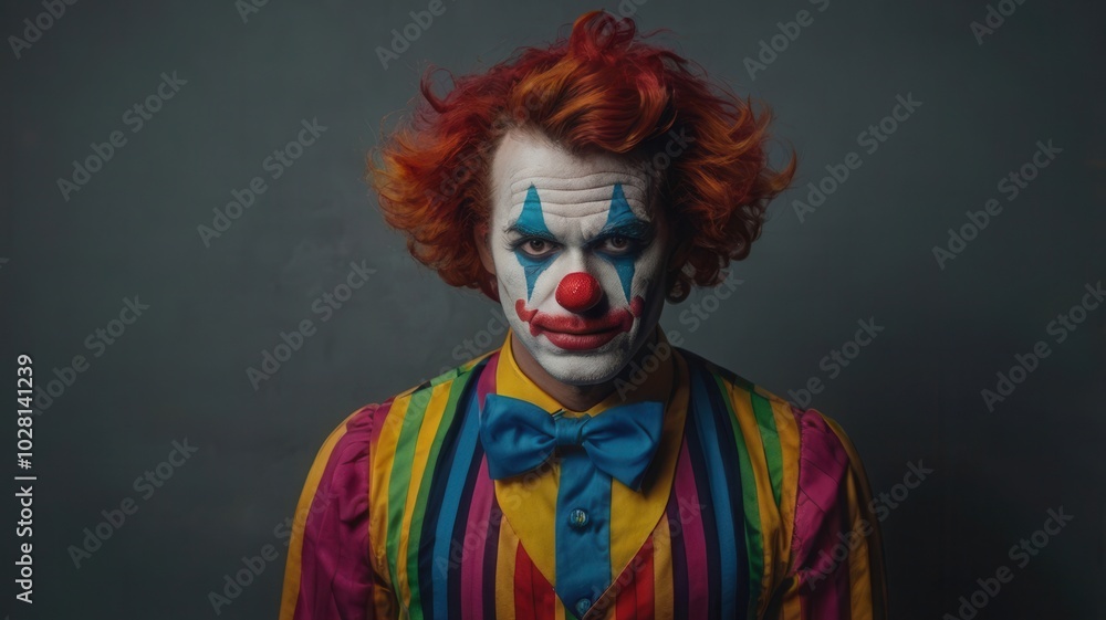 Clown character with wild hair, dramatic face paint, and whimsical costume Clown character with wild hair, dramatic face paint, and whimsical costume