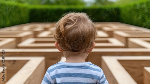 A curious child stands before a wooden maze, gazing intently as they prepare to explore its intricate pathways. photo