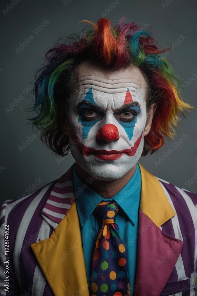 Artistic clown makeup with bold colors and wild multicolored hair Artistic clown makeup with bold colors and wild multicolored hair