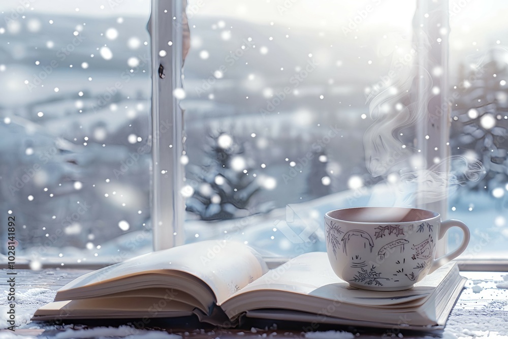 Cozy Winter Scene with Open Book and Steaming Cup by the Window Cozy Winter Scene with Open Book and Steaming Cup by the Window