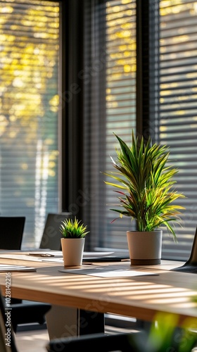 Sunlit office desk adorned with vibrant potted plants, creating a serene workspace ambiance. Venetian blinds filter golden light, enhancing the calm atmosphere.