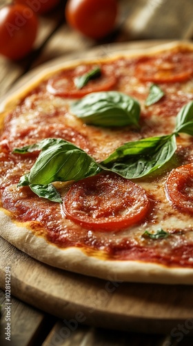 Freshly baked Margherita pizza with vibrant red tomato slices and aromatic basil leaves on a rustic wooden board, capturing the essence of Italian cuisine.