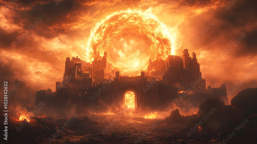 Fototapeta premium A vortex-like portal opening in a fiery sky, showing a medieval kingdom in the middle of an epic battle, Fantasy, Realistic, Dramatic shadows, Epic scale