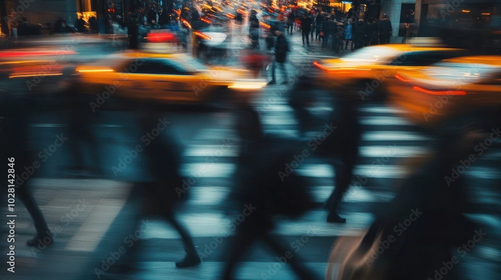 Rush hour blurred with people and cars, depicting the frenzy of rush hour with both pedestrians and vehicles blurred in a chaotic yet energetic street scene. Rush hour blurred with people and cars, depicting the frenzy of rush hour with both pedestrians and vehicles blurred in a chaotic yet energetic street scene.