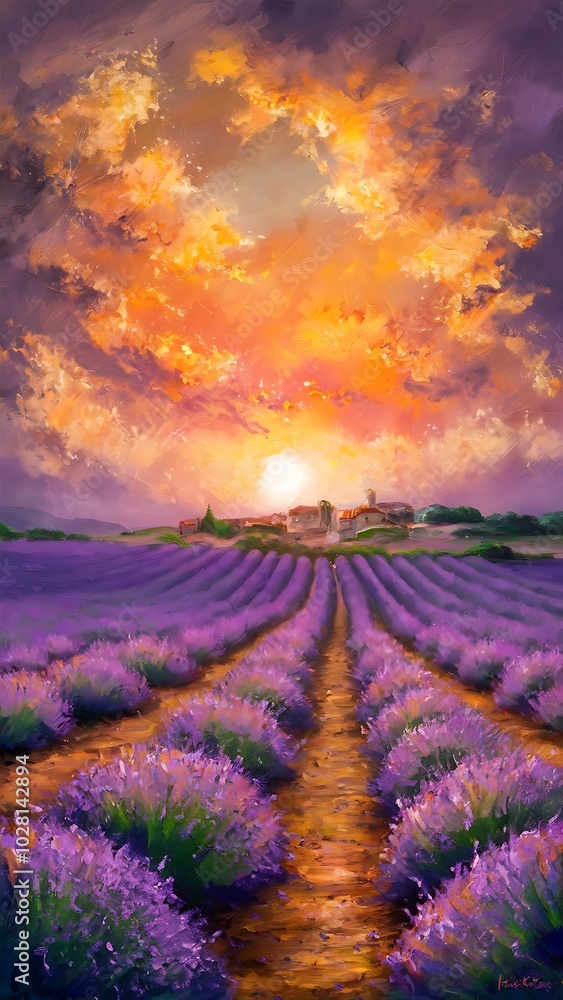 Original oil painting of lavender fields on canvas.Sunset landscape.Modern Impressionism Original oil painting of lavender fields on canvas.Sunset landscape.Modern Impressionism