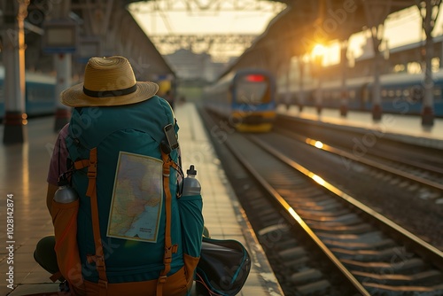 Traveler with backpack and map at train station. Travel concept.