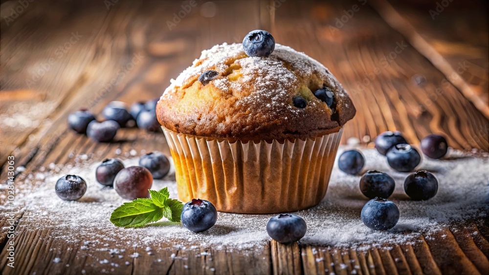 A Single Blueberry Muffin Adorned with Powdered Sugar and Fresh Blueberries, Nestled Among Scattered Berries on a Rustic Wooden Surface A Single Blueberry Muffin Adorned with Powdered Sugar and Fresh Blueberries, Nestled Among Scattered Berries on a Rustic Wooden Surface