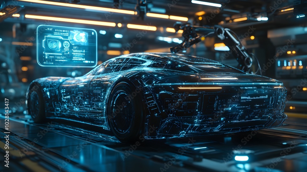 Obraz premium Advanced robotic arms meticulously building a streamlined electric car, floating holographic interface with data, sci-fi aesthetic, deep blue tones, cinematic lighting