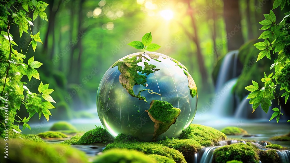 A Glass Globe Resting on a Mossy Rock with a Small Sprout Emerging from the Top, Surrounded by Lush Greenery and Cascading Water A Glass Globe Resting on a Mossy Rock with a Small Sprout Emerging from the Top, Surrounded by Lush Greenery and Cascading Water