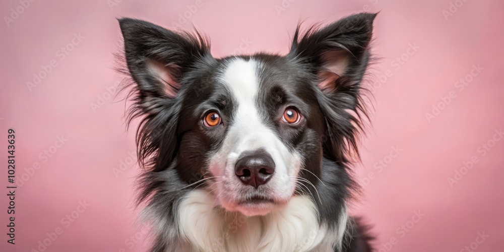 Captivating Border Collie portrait against a soft pink backdrop, showcasing stunning canine photography that highlights the dog's beauty and charm in every detail. Captivating Border Collie portrait against a soft pink backdrop, showcasing stunning canine photography that highlights the dog's beauty and charm in every detail.