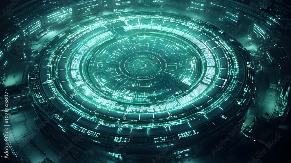 An aerial view of a high-tech circular pool, lanes highlighted by glowing digital lines, set in an ultra-modern sports complex with AI-enhanced swim training tech