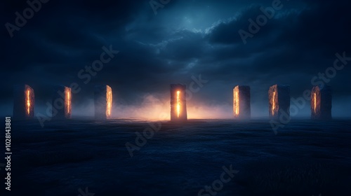 An ancient ritual with glowing runes carved into stone, summoning spirits from the earth, mystical fog swirling, moonlit scene, dark fantasy, hyper-realistic, cinematic