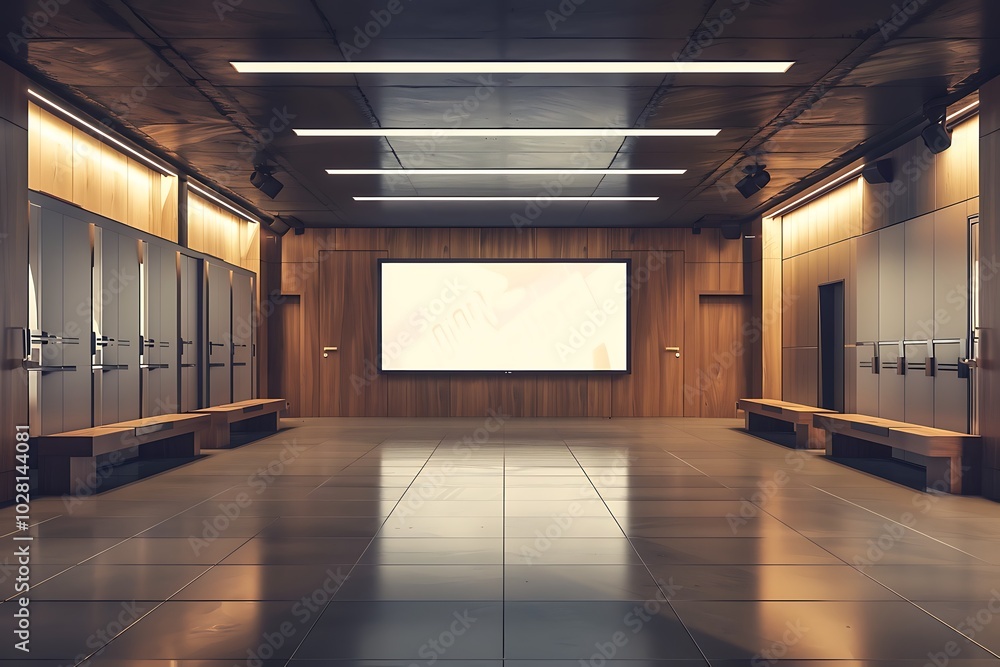 Interior of modern locker room with black walls, concrete floor and row of wooden benches. Interior of modern locker room with black walls, concrete floor and row of wooden benches.
