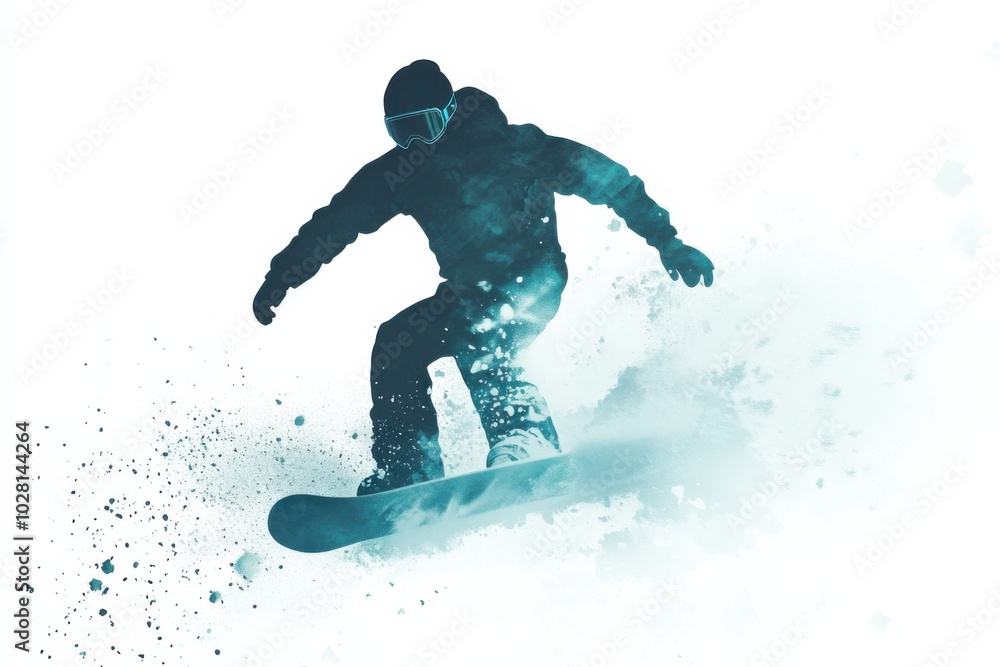 Minimalist vector of a snowboarder carving through fresh powder, bold lines and sharp contrasts in white and blue Minimalist vector of a snowboarder carving through fresh powder, bold lines and sharp contrasts in white and blue