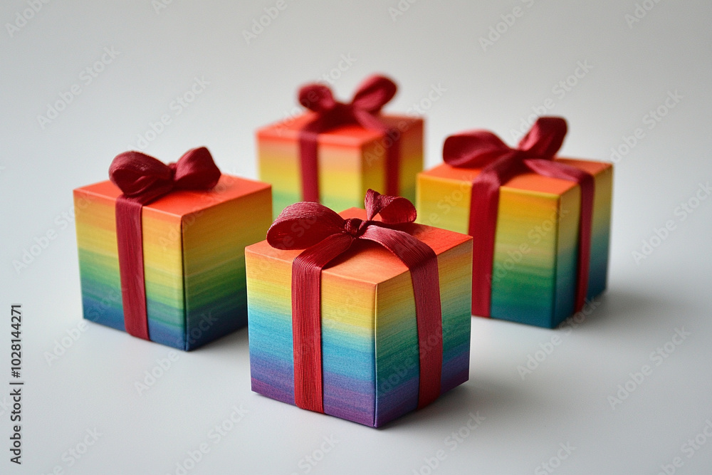 rainbow colors gift boxes elegantly tied with a red ribbon