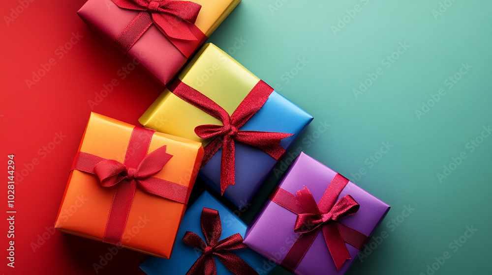 rainbow colors gift boxes elegantly tied with a red ribbon rainbow colors gift boxes elegantly tied with a red ribbon