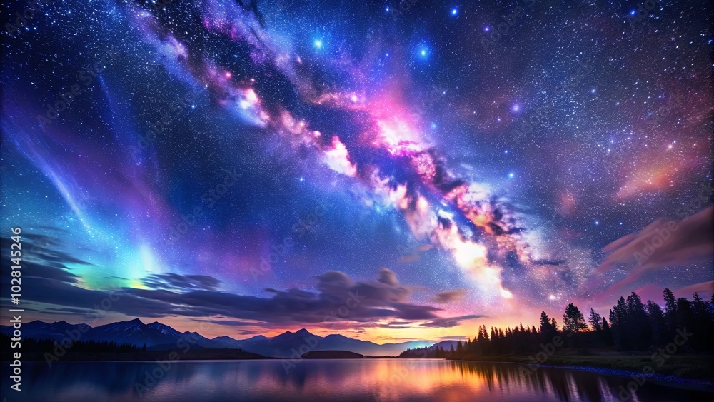 A celestial tapestry of shimmering stars, vibrant nebulae, and ethereal aurora borealis reflected in a tranquil lake, creating a breathtaking panorama of cosmic wonder. A celestial tapestry of shimmering stars, vibrant nebulae, and ethereal aurora borealis reflected in a tranquil lake, creating a breathtaking panorama of cosmic wonder.