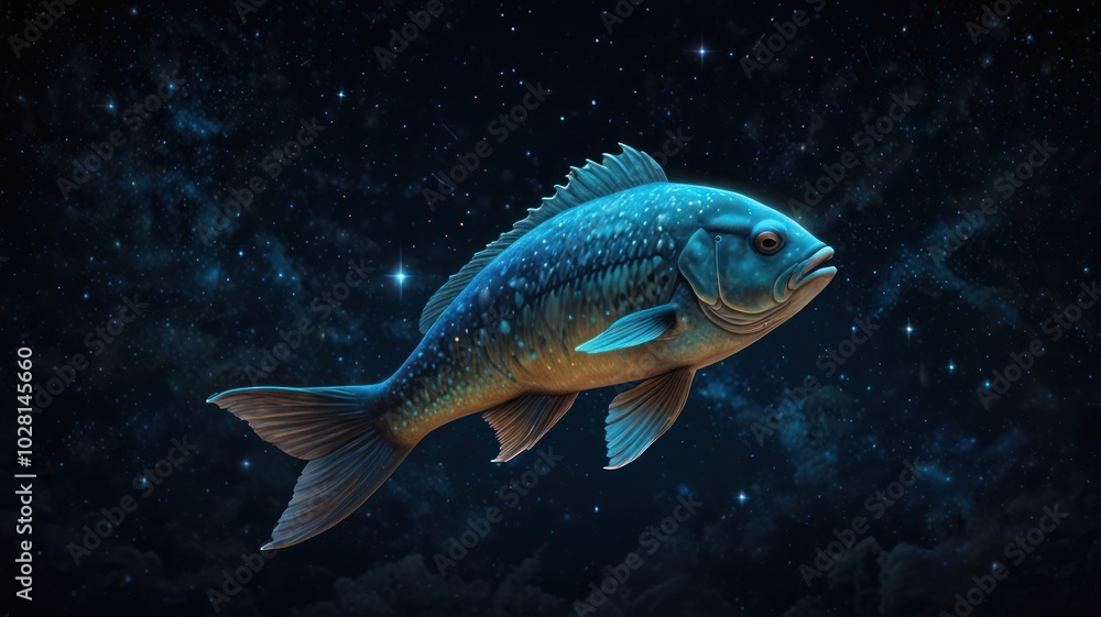 A large, blue fish with a starry pattern swims through a dark, starry sky. A large, blue fish with a starry pattern swims through a dark, starry sky.