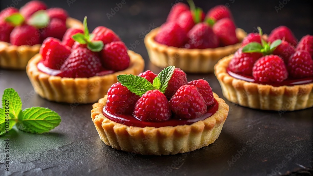 Mouthwatering Raspberry Mini Tarts on Dark Background for Culinary Photography Mouthwatering Raspberry Mini Tarts on Dark Background for Culinary Photography