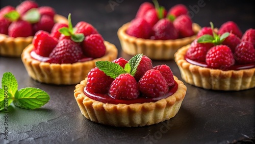 Mouthwatering Raspberry Mini Tarts on Dark Background for Culinary Photography