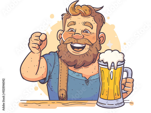 white background, Man enjoying a beer festival with a stein in hand, very simple and isolate in the style of animated illustrations, white background