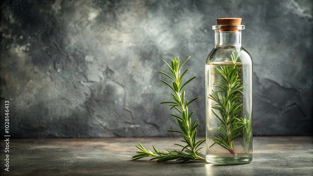 A Glass Bottle Filled with Aromatic Rosemary Infused Oil, Resting on a Rustic Wooden Table, Capturing the Essence of Nature's Freshness A Glass Bottle Filled with Aromatic Rosemary Infused Oil, Resting on a Rustic Wooden Table, Capturing the Essence of Nature's Freshness