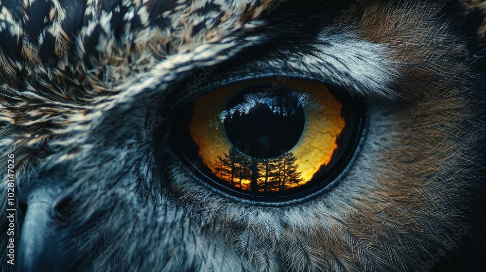 Close-up of owl's eye with forest reflected in pupil against minimal dark background Close-up of owl's eye with forest reflected in pupil against minimal dark background