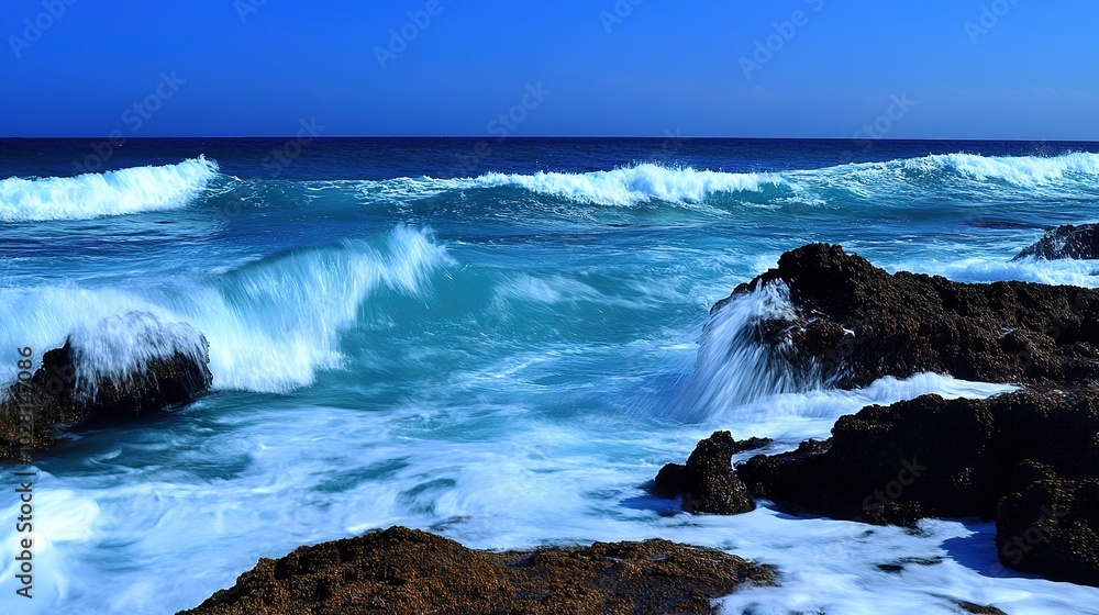 Fototapeta premium A serene and vibrant blue sea under a clear sky, with gentle waves rippling across the surface, reflecting the sunlight. The peaceful expanse of the ocean stretches into the horizon, evoking feelings 