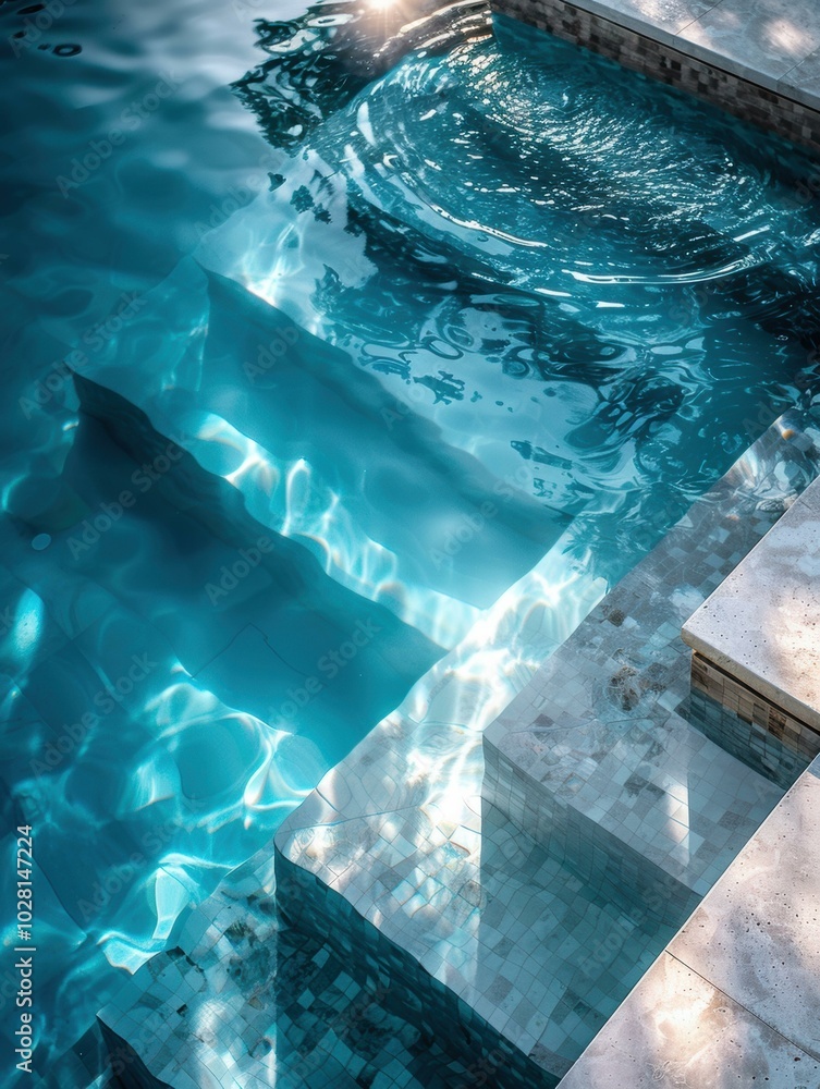 Pool steps leading into the water. AI. Pool steps leading into the water. AI.