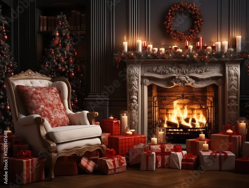 3D background, a Christmas room with a fireplace and lots of gifts under the tree in red color, a white armchair, a window with curtains, decorated for the New Year, garland lights, a wooden wall, 