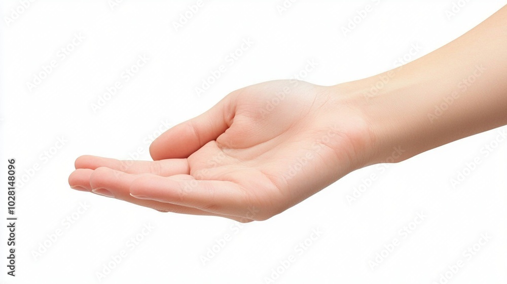 Open palm of a human hand extended against a white background, showcasing the gentle curves and lines of the skin in a gesture of offering or receiving. Open palm of a human hand extended against a white background, showcasing the gentle curves and lines of the skin in a gesture of offering or receiving.