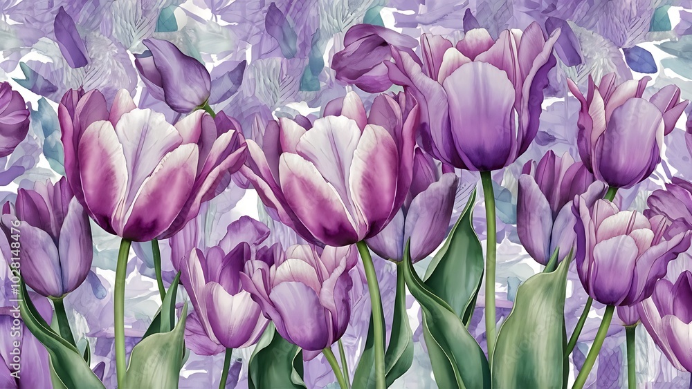 Obraz premium Purple and blue tulips watercolor illustration set. Seamless background pattern. Fabric wallpaper print texture.